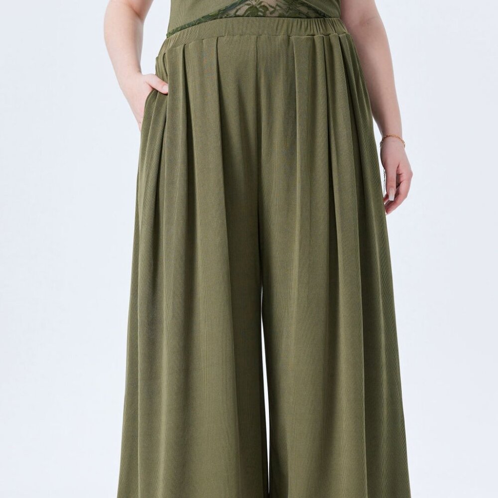 3XL Cider - Solid Elastic Waist Pocket Wide Leg Pants Curve & Plus Solid Elastic